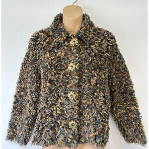 St. John Sz P Green Multicolor Logo Button Jacket Shaggy Blazer Collar Executive